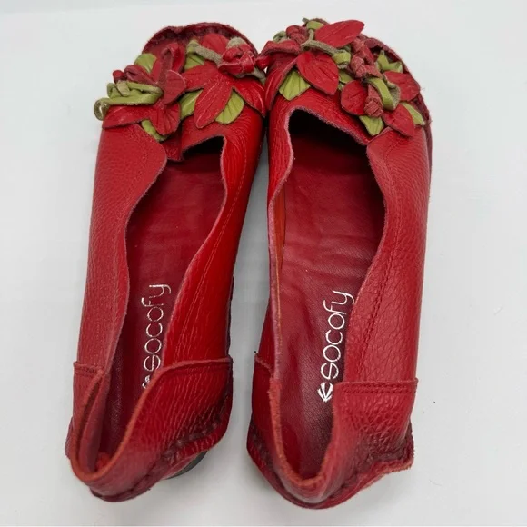 Socofy Red Flower Handcrafted Leather Slip On Loafers Shoes 9.5 - Picture 5 of 9
